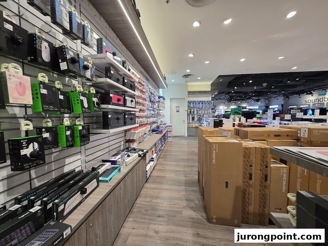 An aisle in an electronics store showcasing computer peripherals, gaming gear, and boxed monitors.