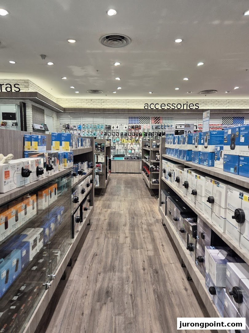 An aisle inside Harvey Norman showcasing cameras, accessories, and various electronics on display shelves.