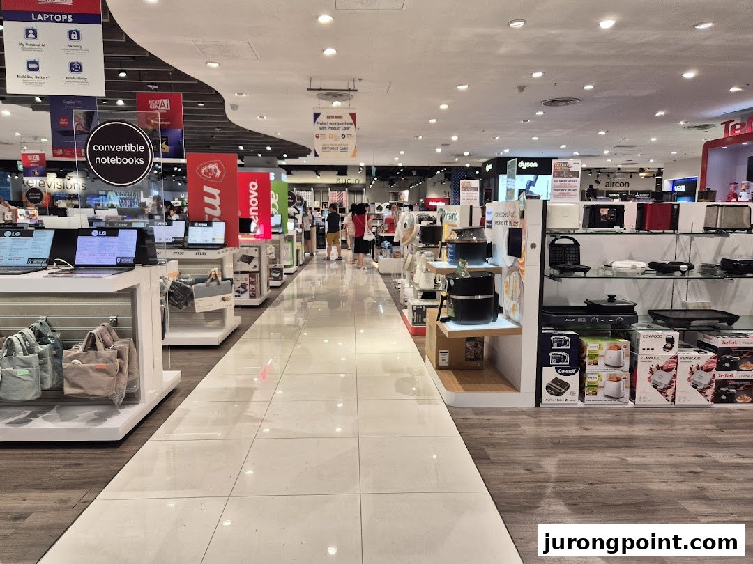 A wide aisle in Harvey Norman showcasing laptops, electronics, and home appliances.