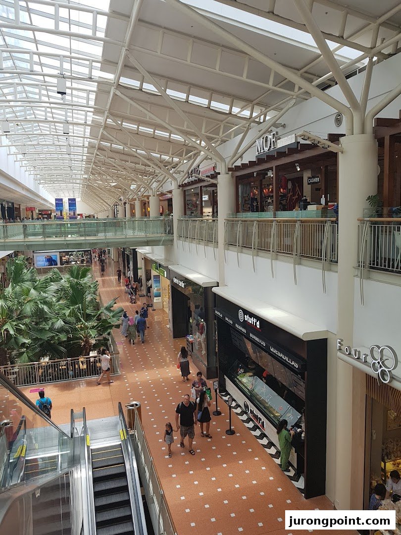 A vibrant interior view of a multi-level shopping mall with various shops and shoppers.