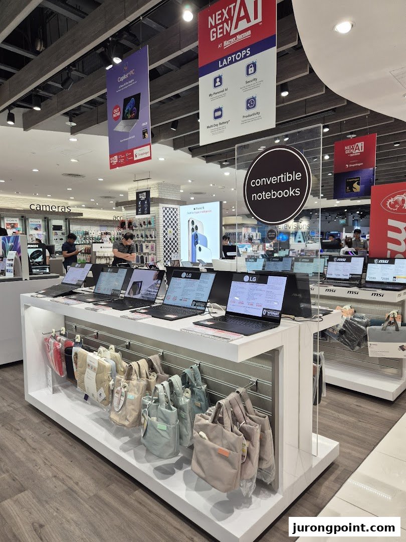 An interior shot of Harvey Norman showcasing a wide range of laptops, convertible notebooks, and tech accessories.