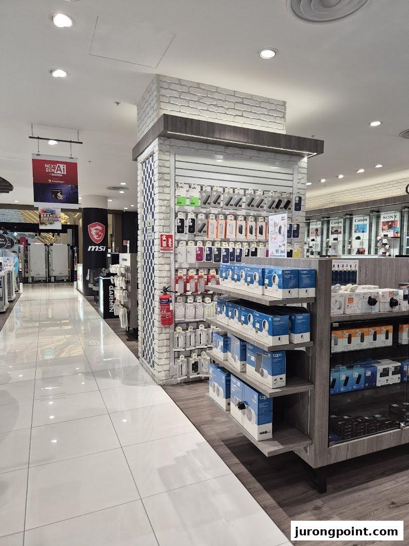 An interior view of Harvey Norman, showcasing a wide array of electronics and tech accessories on display.