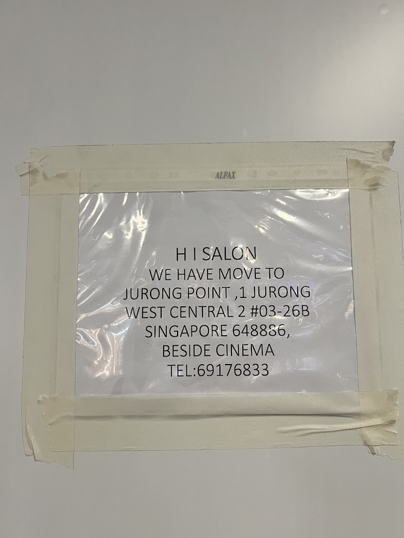 A notice from HI Salon detailing its new address at Jurong Point and contact number.