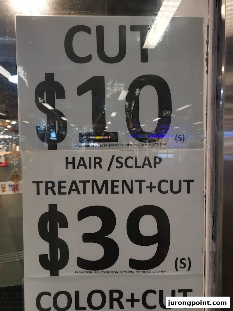 A price list displaying promotional offers for hair services at HI Salon, including cuts and treatments.