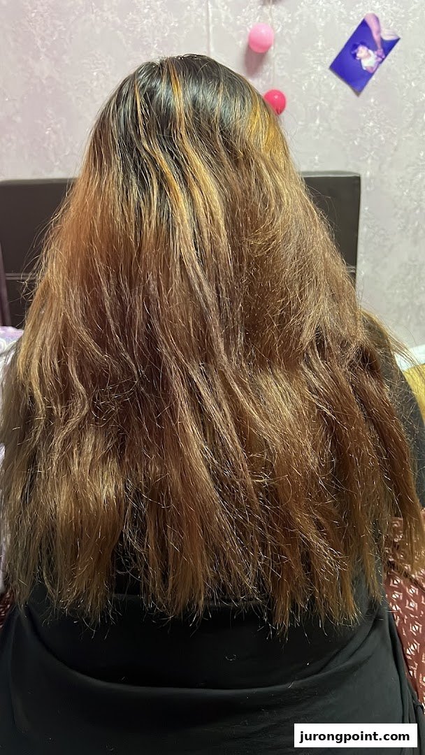 Back view of a person with long, light brown hair, showing roots and highlights.