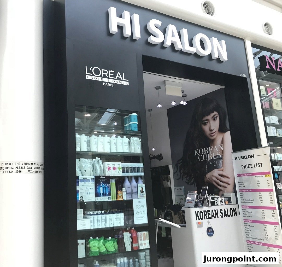 The storefront of HI Salon, a Korean salon, featuring L'Oréal products and a price list.