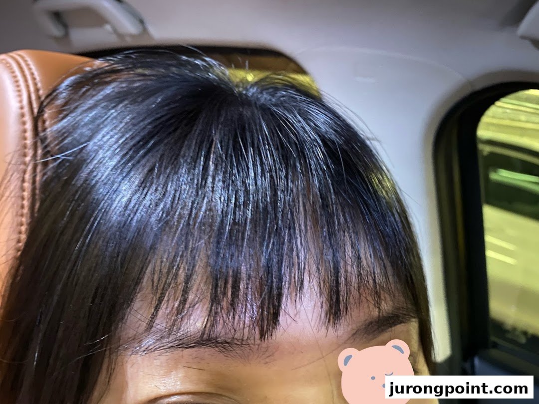 Close-up of a person's dark, shiny hair with bangs, showcasing a fresh salon look.