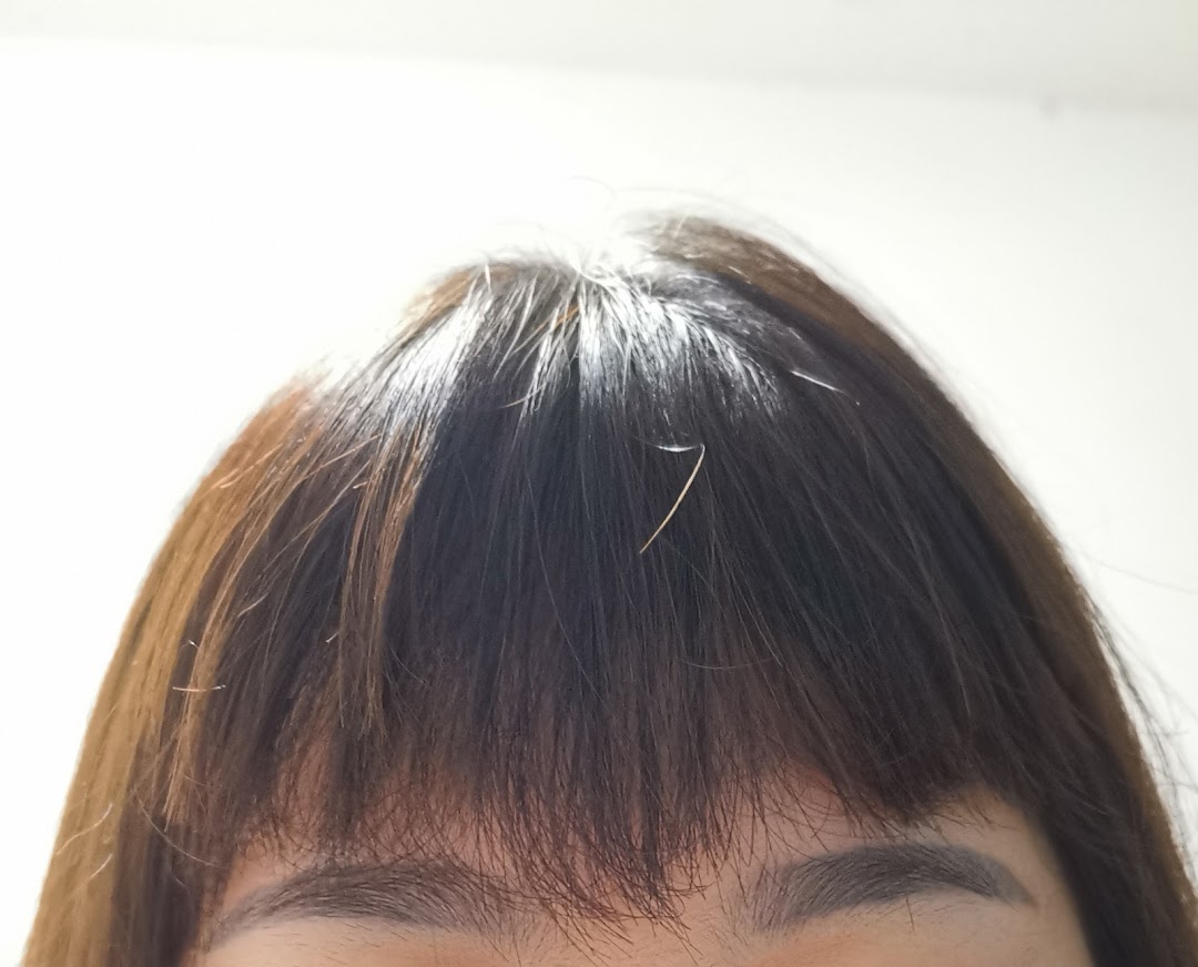 A close-up of a person's hair and eyebrows, highlighting hair texture and color.