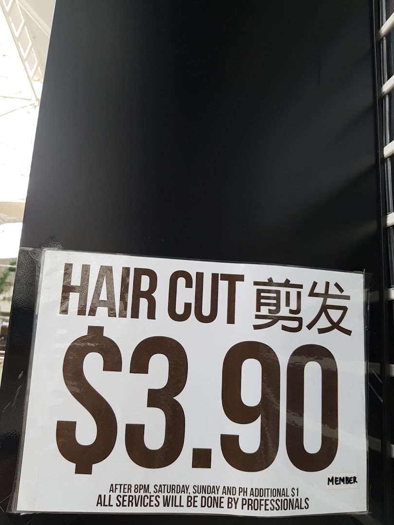 A sign advertising hair cuts for $3.90 at HI Salon, with details on surcharges and professional service.