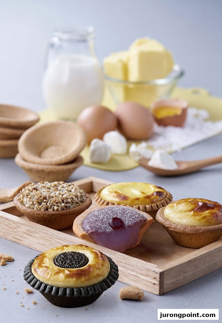 Assortment of delicious tarts with baking ingredients like milk, eggs, and butter, on a wooden tray.