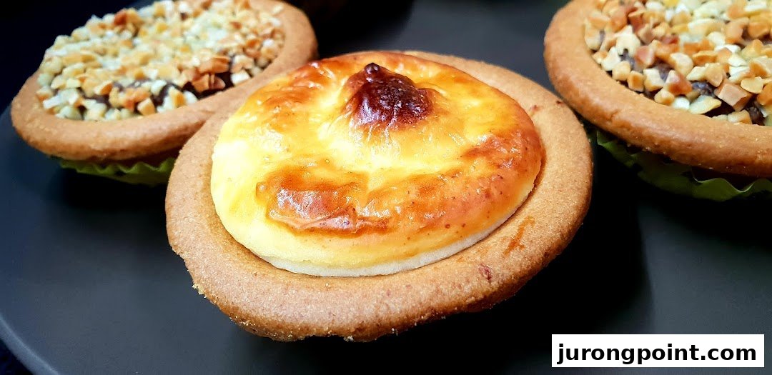 Close-up of a golden-brown Hokkaido Baked Cheese Tart with other tarts in the background.