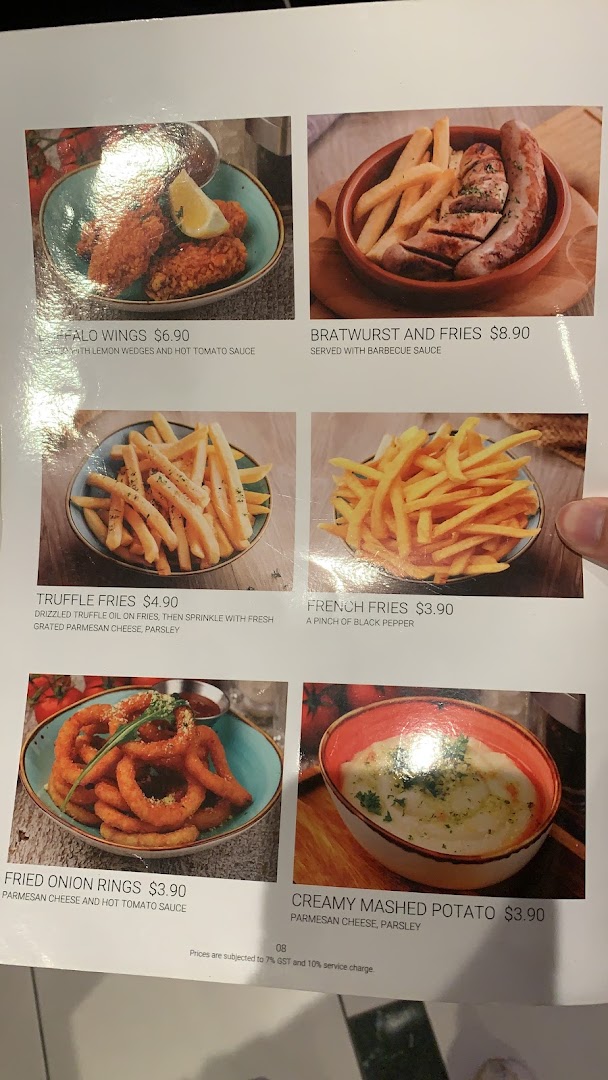 A menu page from Hot Tomato showcasing various appetizers and sides with prices and descriptions.