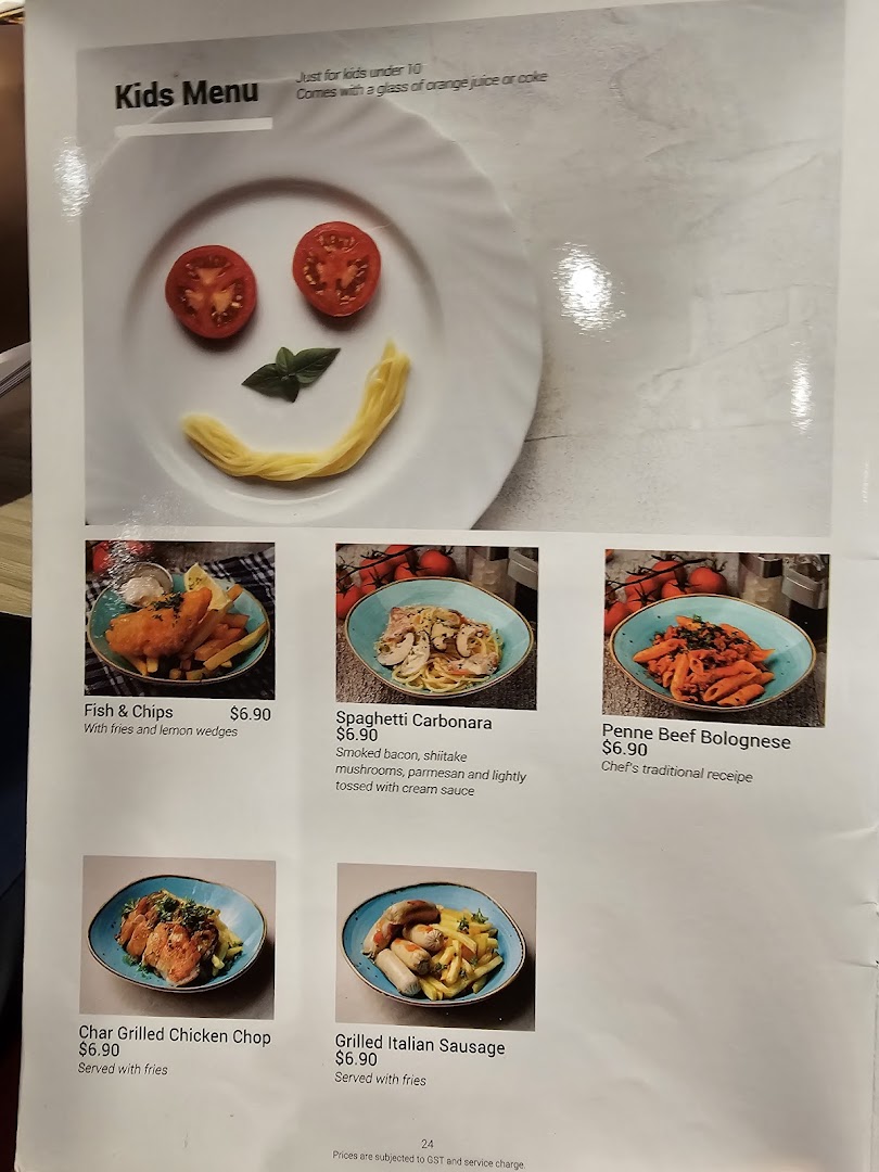 A Kids Menu from Hot Tomato, featuring various dishes like pasta, fish & chips, and grilled items.