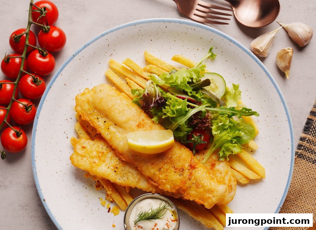 A plate of golden fish and chips with a side salad, lemon, and tartar sauce.