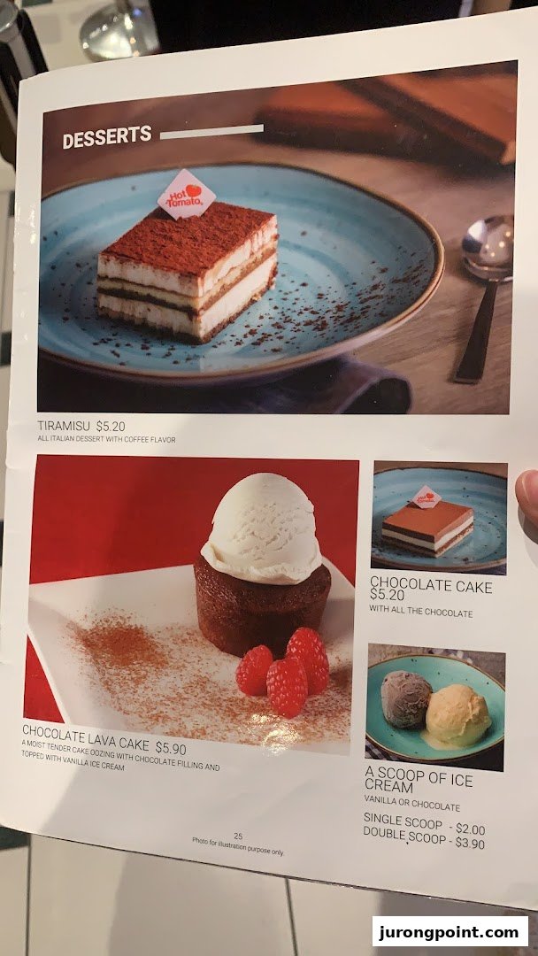 A page from Hot Tomato's dessert menu featuring tiramisu, chocolate lava cake, and ice cream.