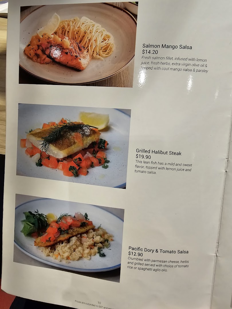 A menu page showcasing three delicious seafood dishes with descriptions and prices.