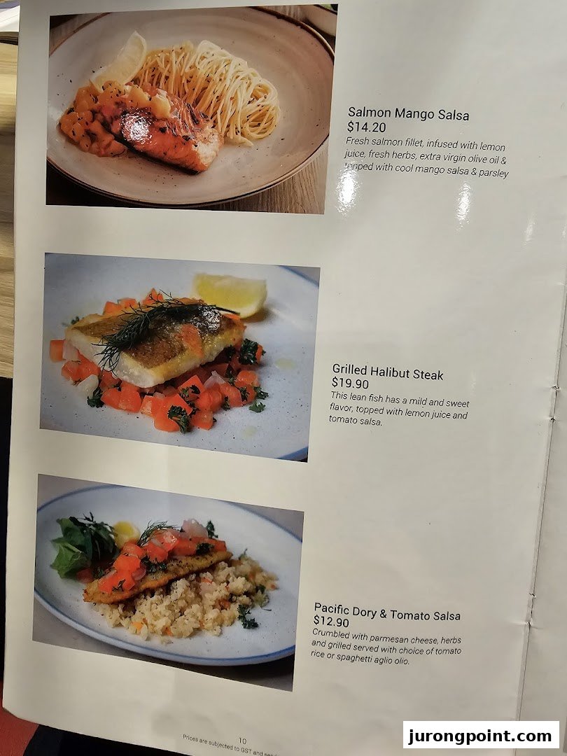 A menu page showcasing three delicious seafood dishes with descriptions and prices.