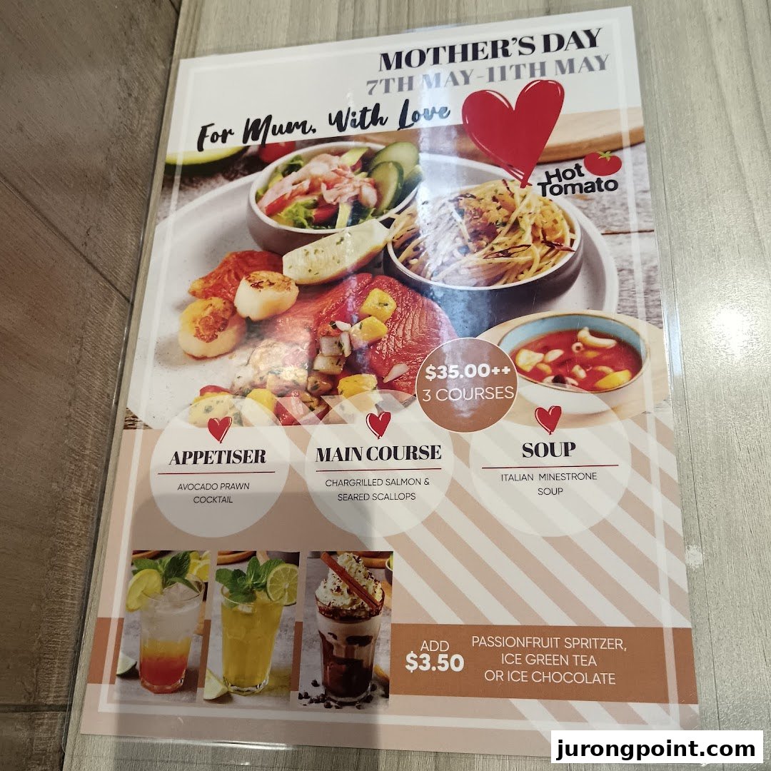 A Mother's Day special menu from Hot Tomato featuring a 3-course meal and drink add-ons.