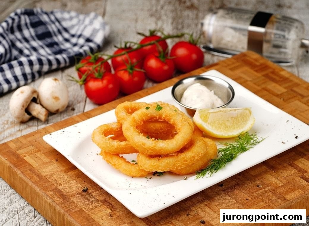 A plate of golden fried onion rings with a lemon wedge, dipping sauce, and fresh dill.