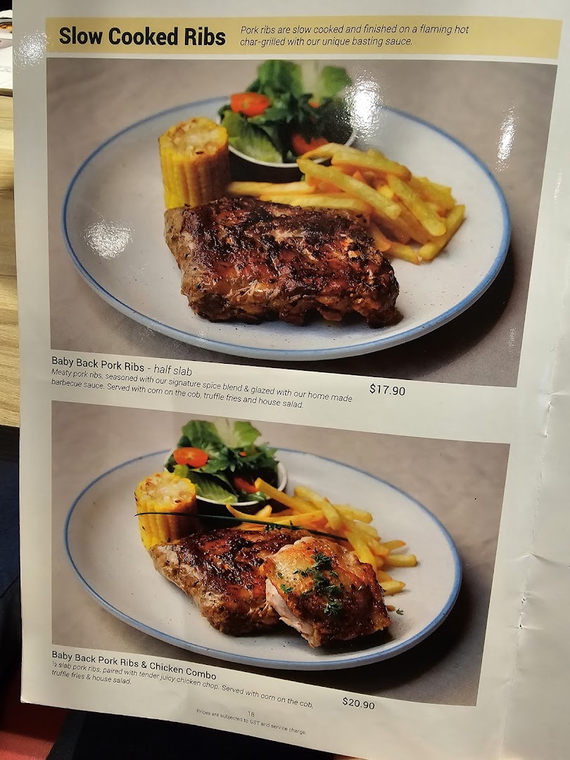 A menu page showcasing slow-cooked pork ribs and a ribs & chicken combo with sides.