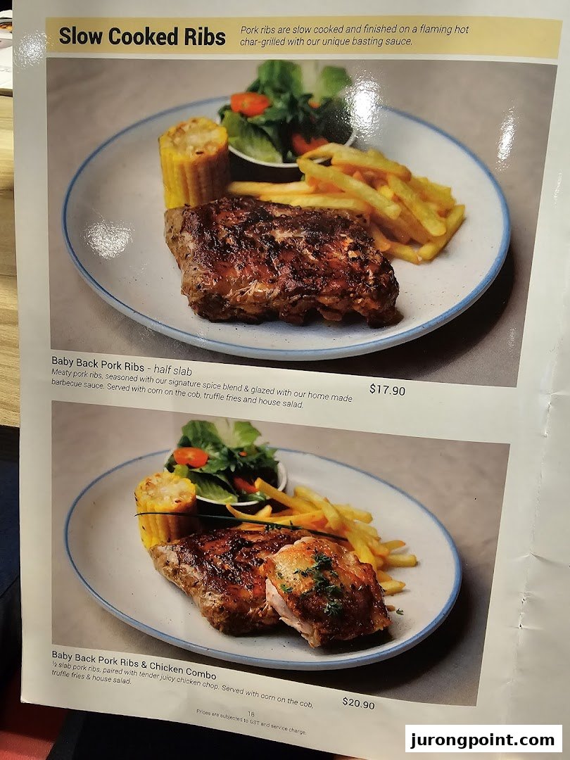 A menu page showcasing slow-cooked pork ribs and a ribs & chicken combo with sides.