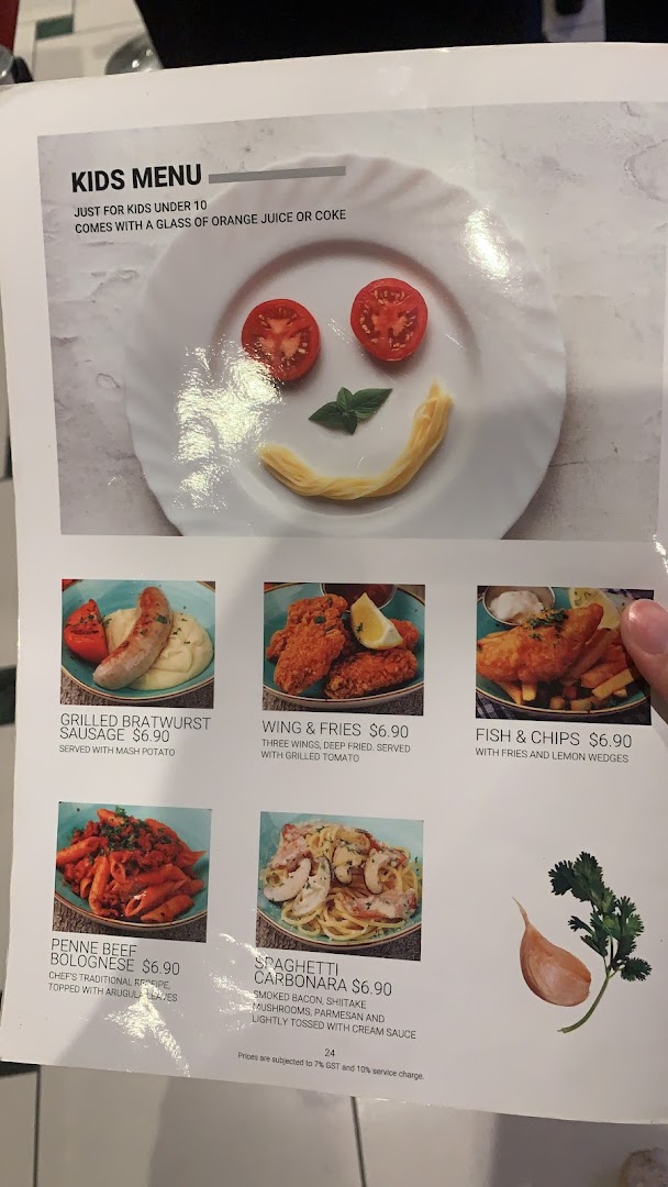A close-up view of Hot Tomato's Kids Menu featuring various meal options and prices.