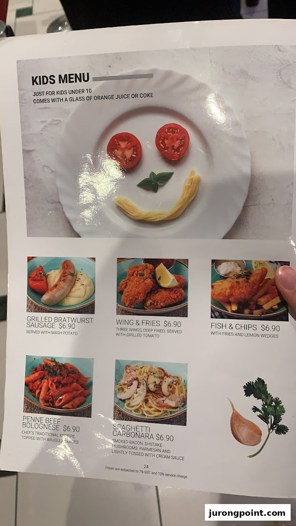 A close-up view of Hot Tomato's Kids Menu featuring various meal options and prices.