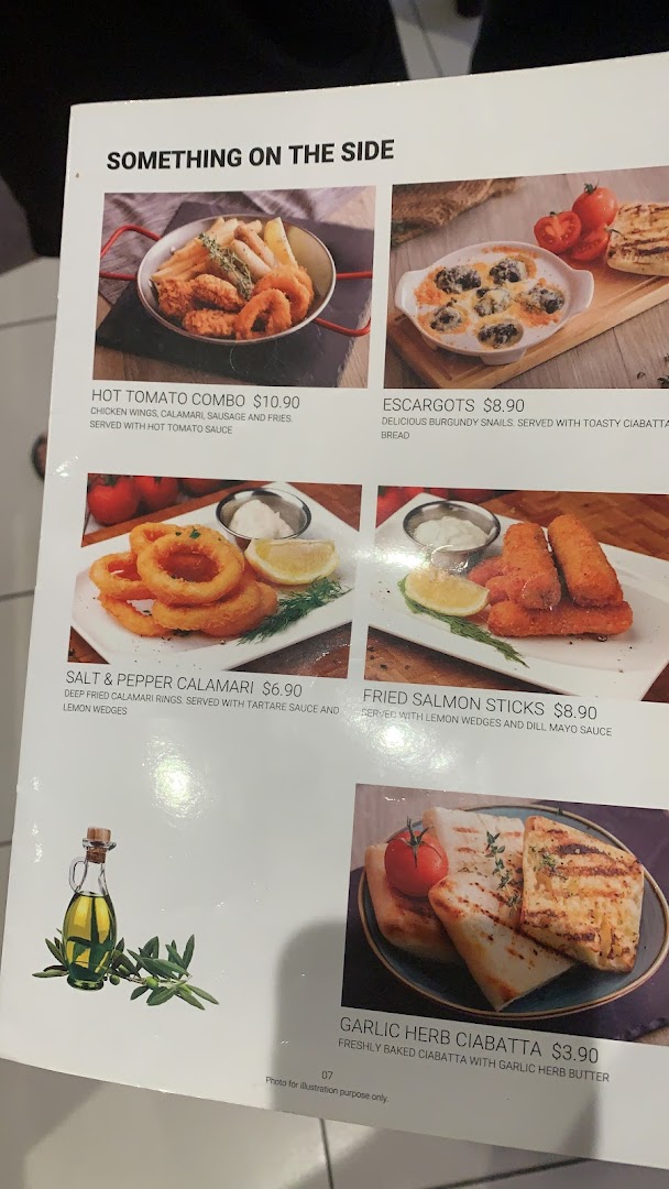 A menu page from Hot Tomato featuring appetizers and side dishes with prices and descriptions.
