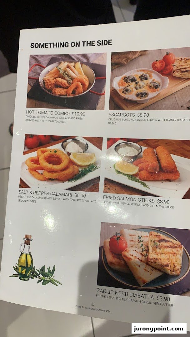 A menu page from Hot Tomato featuring appetizers and side dishes with prices and descriptions.