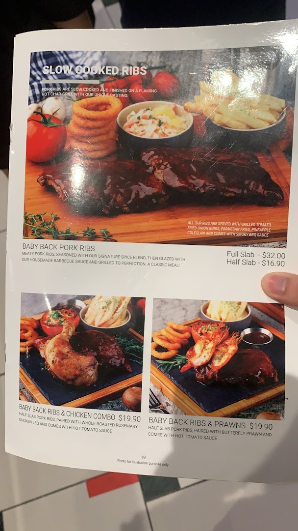 A menu page from Hot Tomato featuring slow-cooked ribs and combo meals.