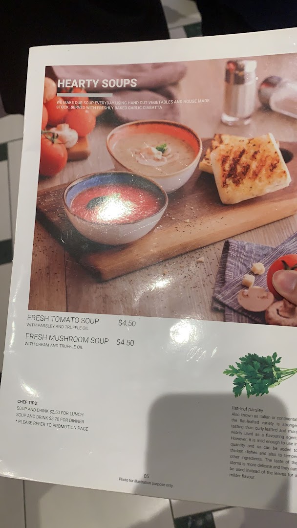 A menu page from Hot Tomato featuring hearty soups with prices and descriptions.