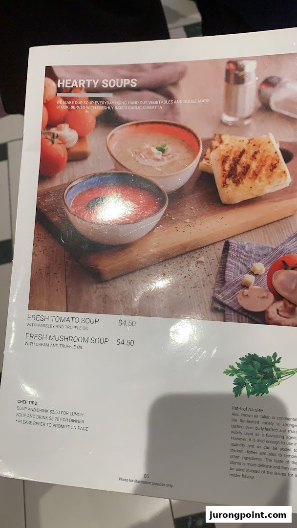 A menu page from Hot Tomato featuring hearty soups with prices and descriptions.