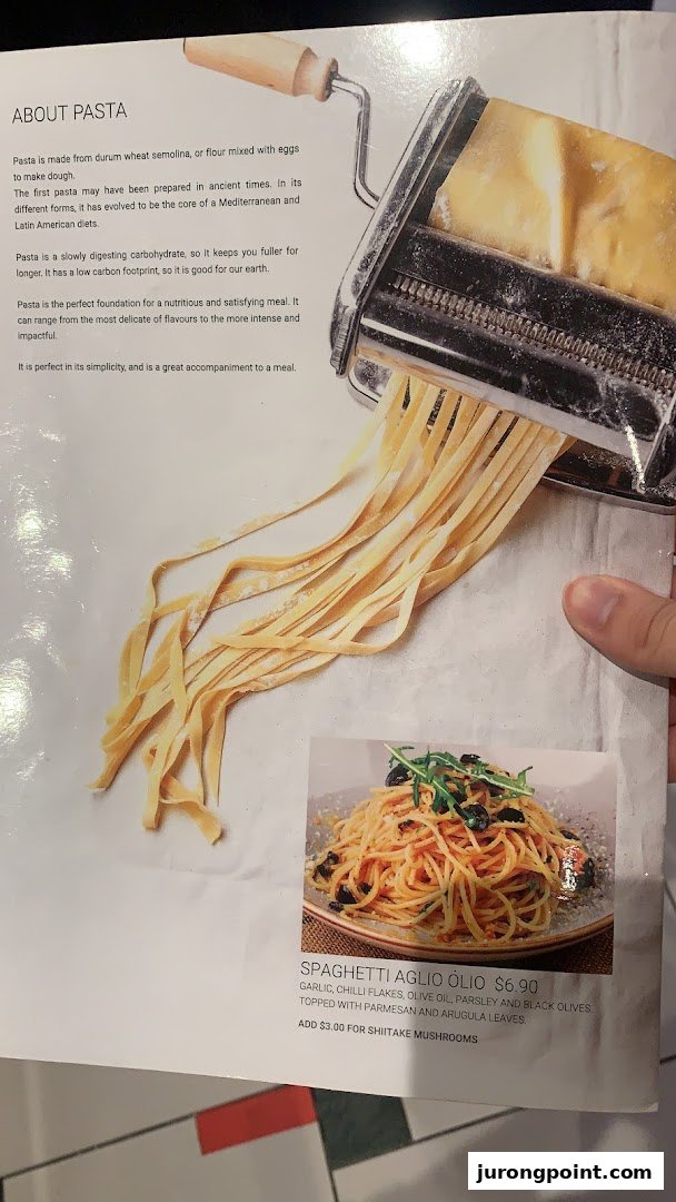 A menu page from Hot Tomato featuring Spaghetti Aglio Olio and information about pasta.