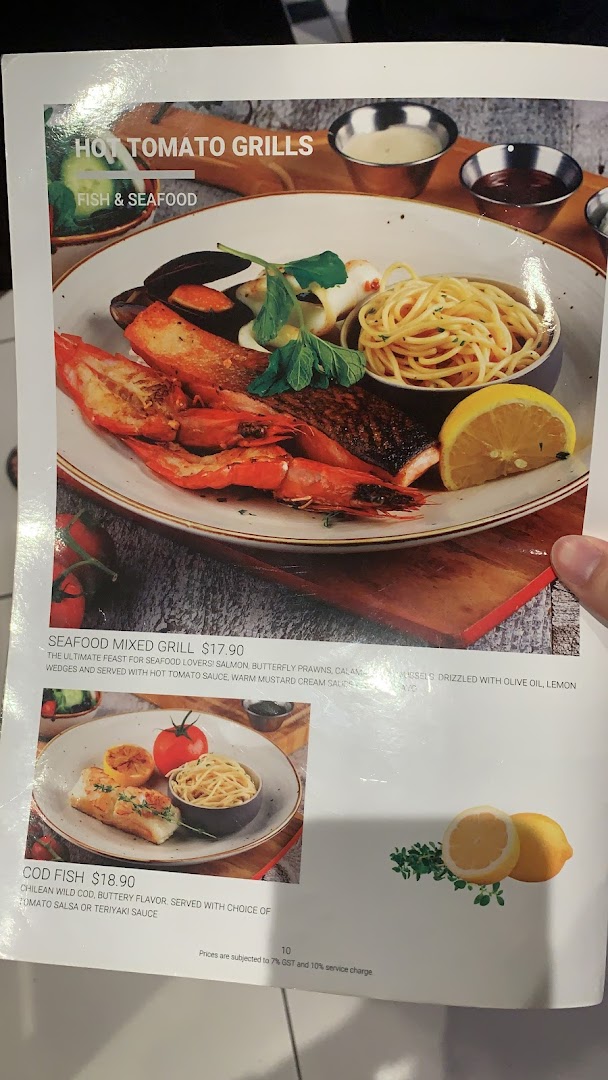 A menu page from Hot Tomato Grills showcasing seafood dishes with prices and descriptions.