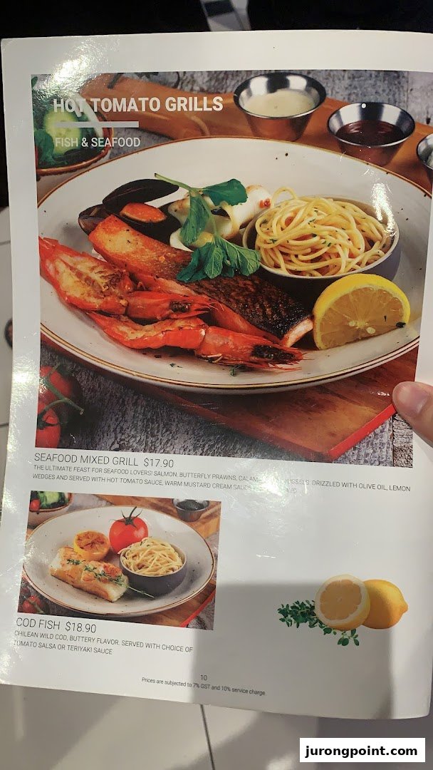 A menu page from Hot Tomato Grills showcasing seafood dishes with prices and descriptions.