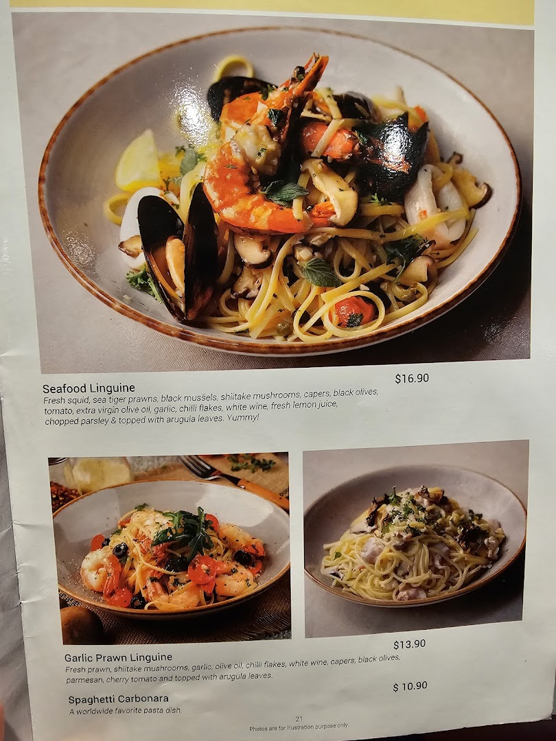 A menu page displaying three pasta dishes: Seafood Linguine, Garlic Prawn Linguine, and Spaghetti Carbonara, with prices and descriptions.
