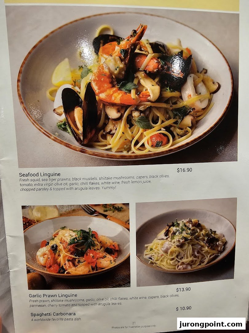 A menu page displaying three pasta dishes: Seafood Linguine, Garlic Prawn Linguine, and Spaghetti Carbonara, with prices and descriptions.