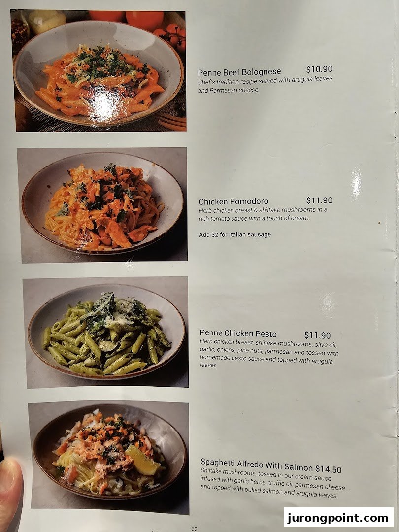 A menu page from Hot Tomato showcasing various pasta dishes with descriptions and prices.
