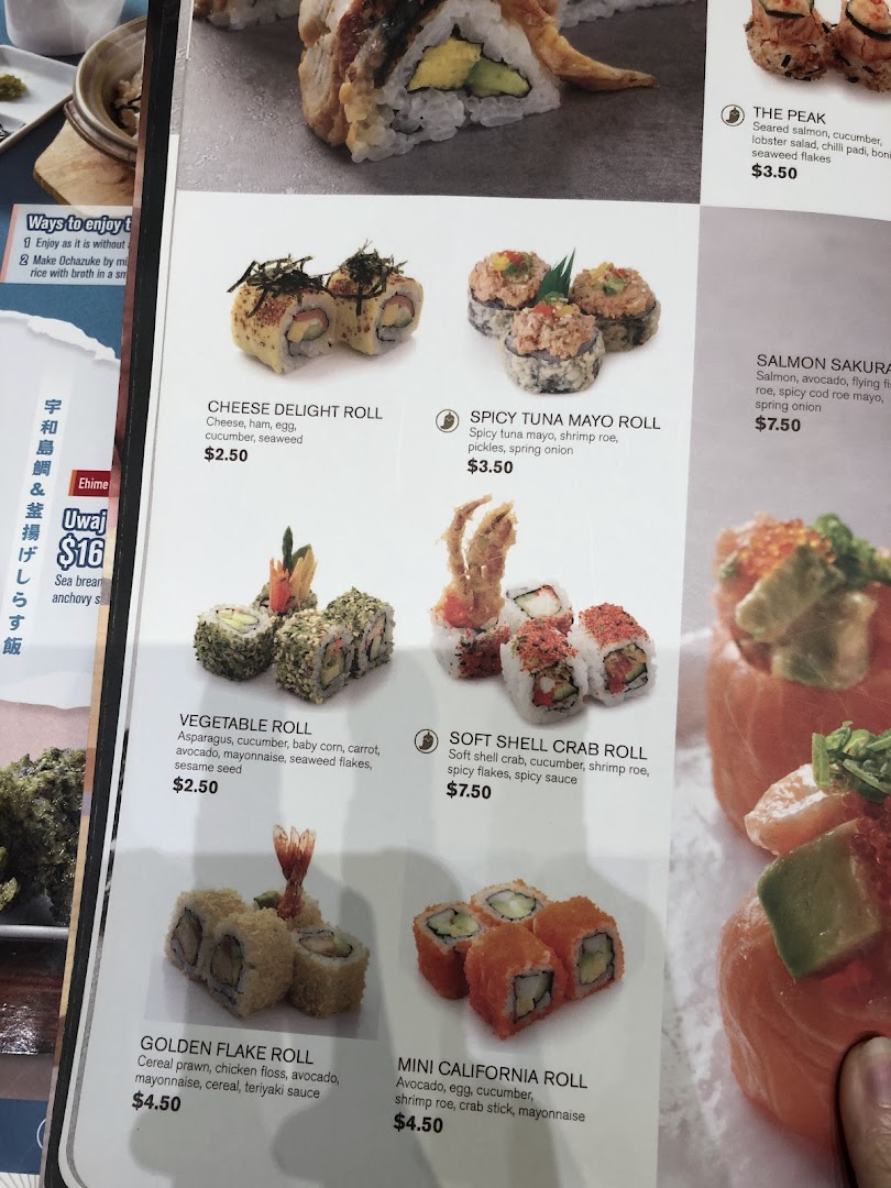 A detailed menu page showcasing various sushi rolls and Japanese dishes with descriptions and prices.