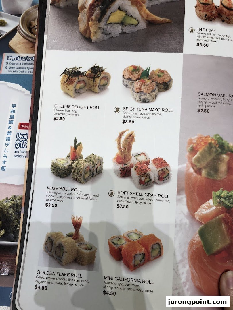 A detailed menu page showcasing various sushi rolls and Japanese dishes with descriptions and prices.