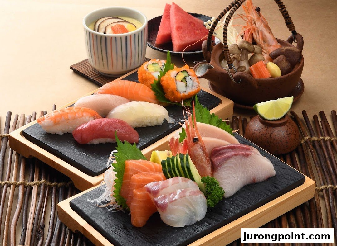 A vibrant spread of Japanese cuisine featuring sushi, sashimi, chawanmushi, and a hot pot.