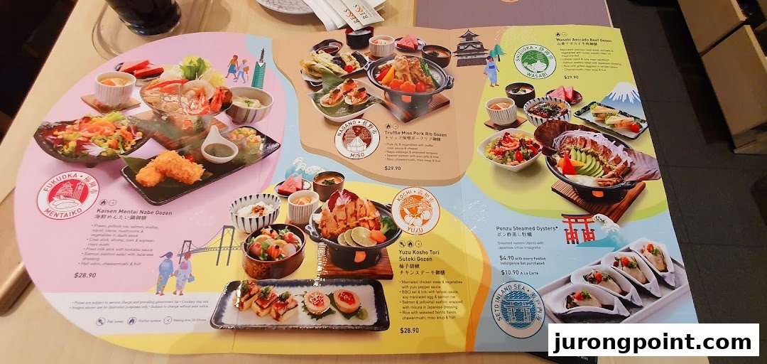 A vibrant menu displaying various Japanese set meals and a la carte options with detailed descriptions and prices.