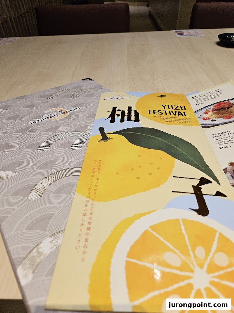 A menu and a Yuzu Festival flyer are displayed on a table at Ichiban Boshi.