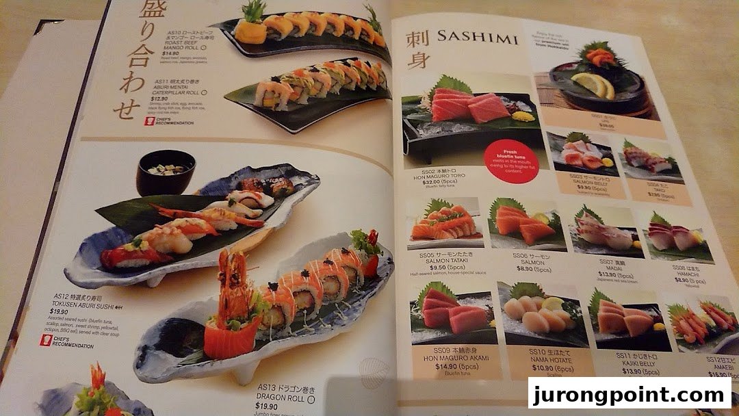 A vibrant menu displaying various sushi rolls, sashimi, and assorted Japanese dishes with prices.