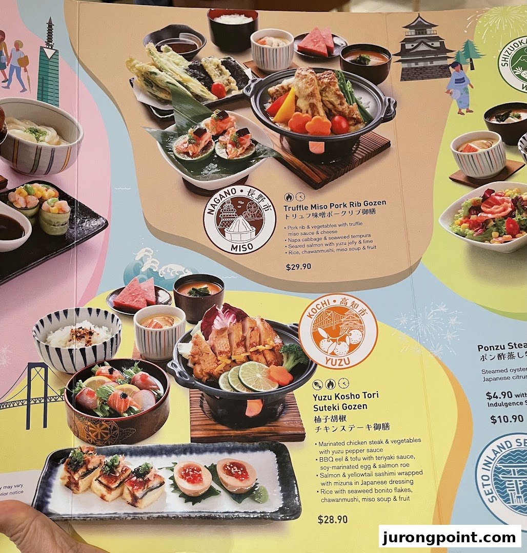 A close-up of a Japanese restaurant menu displaying various set meals and side dishes with descriptions and prices.