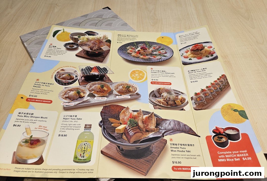 A vibrant menu from Ichiban Boshi showcasing a variety of yuzu-infused Japanese dishes and beverages.