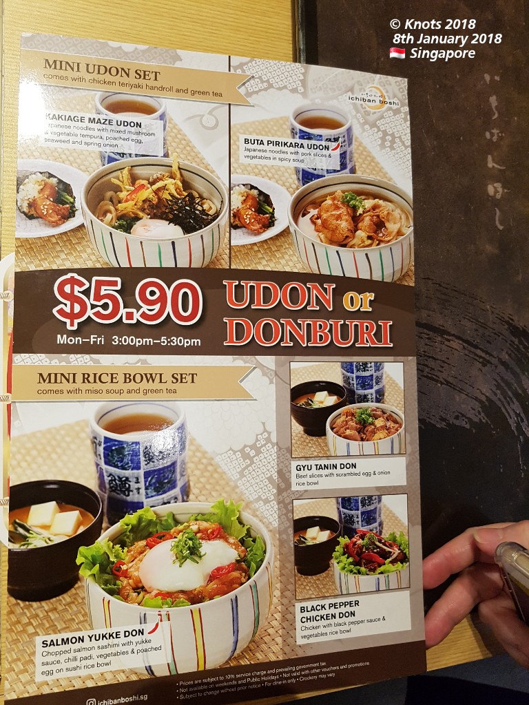 A detailed menu page from Ichiban Boshi featuring various udon and donburi sets with prices and descriptions.
