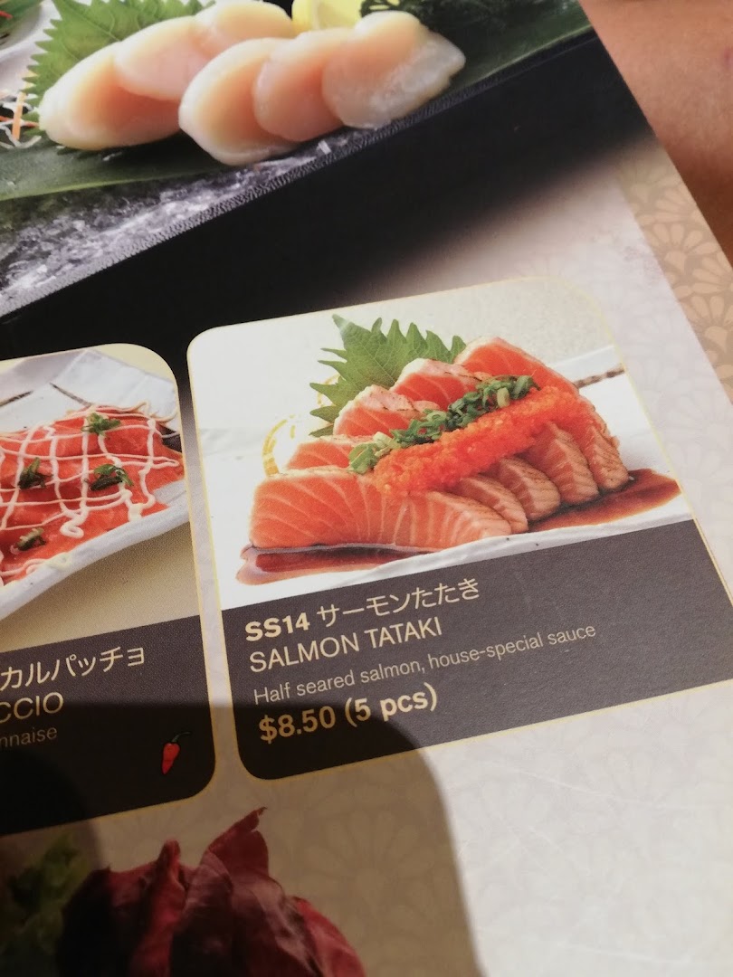 A close-up of Ichiban Boshi's menu featuring Salmon Tataki and other Japanese dishes.