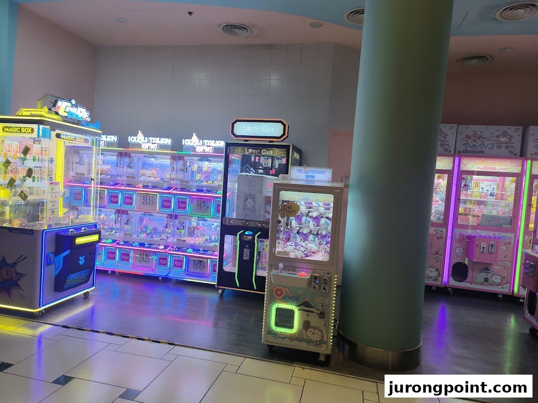 Brightly lit arcade interior with numerous claw machines filled with various prizes.