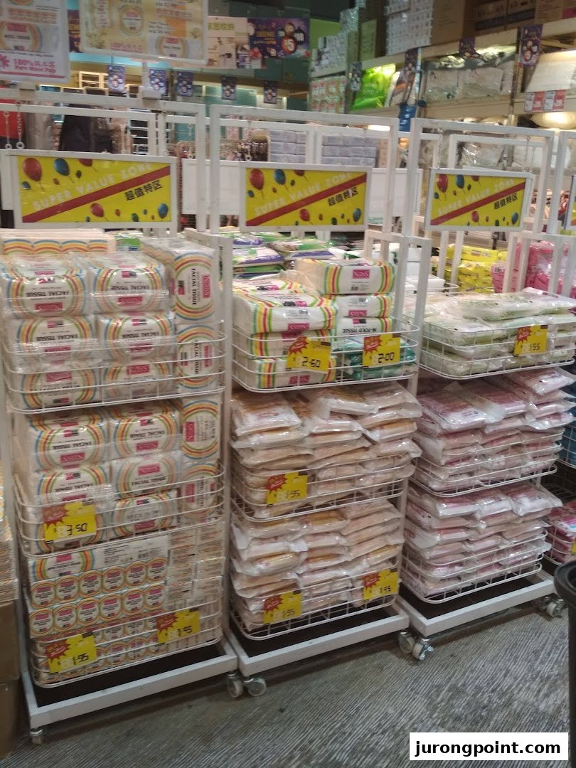 An interior shot of Japan Home displaying various facial and M-fold tissues in a 'Super Value Zone'.